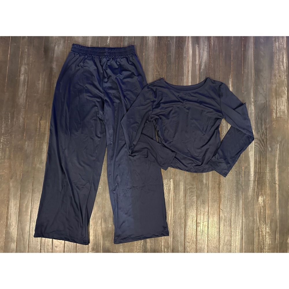 Navy Blue 2 Piece Lounge Set Long Sleeve Crop Top Wide Leg Pants Womens Navy
